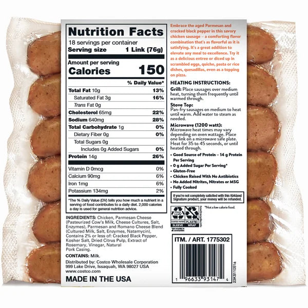 Kirkland Signature Chicken Sausage Links, Parmesan & Cracked Black Pepper, 48 oz