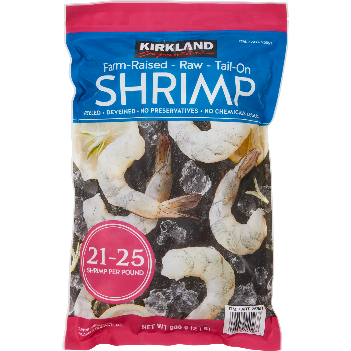 Kirkland Signature Farm-Raised Raw Shrimp, Tail-On, 21-25-count per Pound, 2 lbs