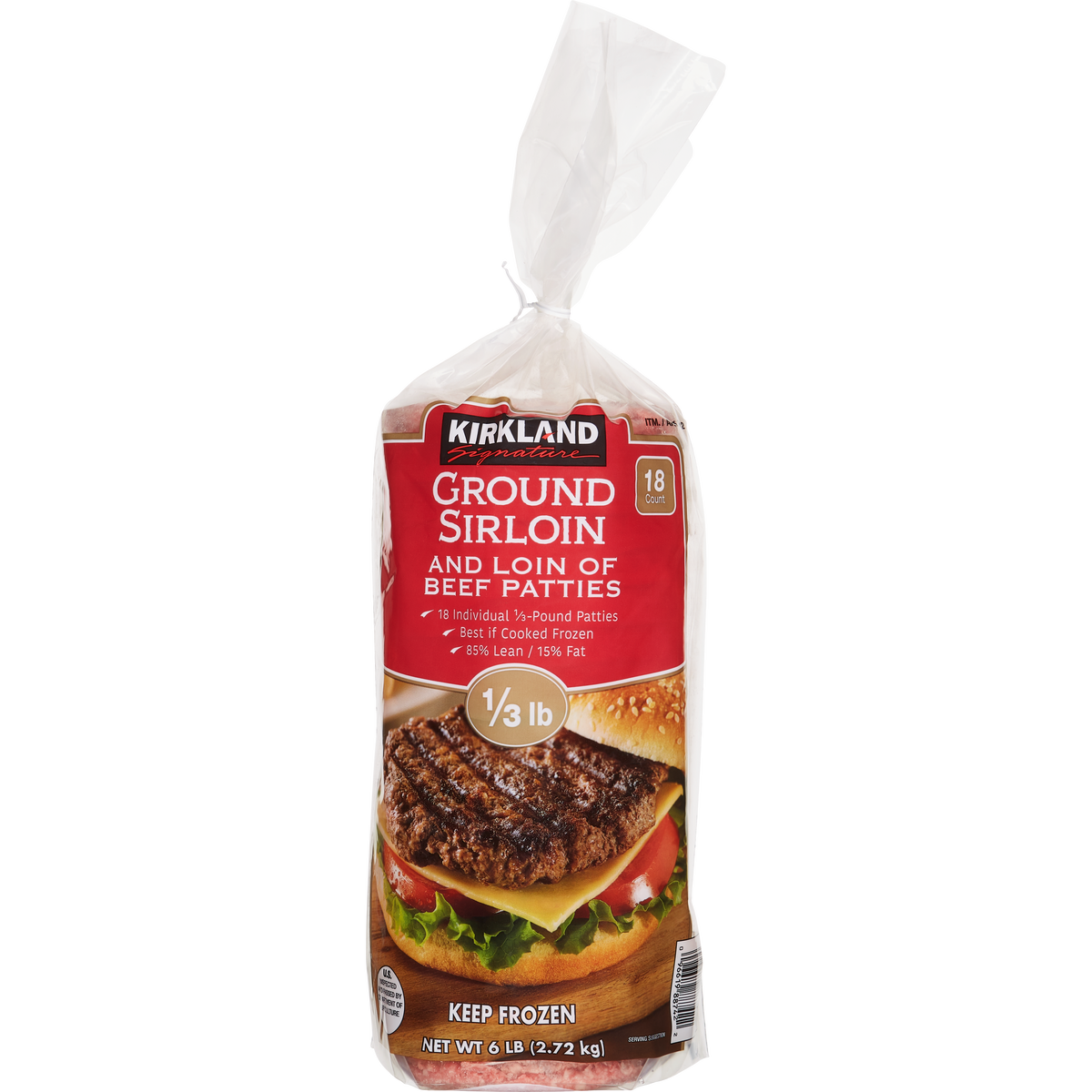 Kirkland Signature Ground Sirloin Beef Hamburgers, 85% Lean, 1/3 lb Patty, 18 ct
