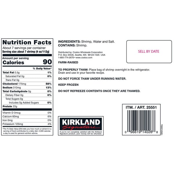 Kirkland Signature Farm-Raised Raw Shrimp, Tail-On, 21-25-count per Pound, 2 lbs