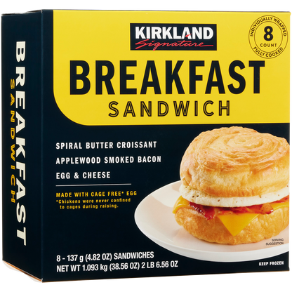 Kirkland Signature Croissant Breakfast Sandwich, Applewood Smoked Bacon, Egg and Cheese, 4.82 oz, 8 ct
