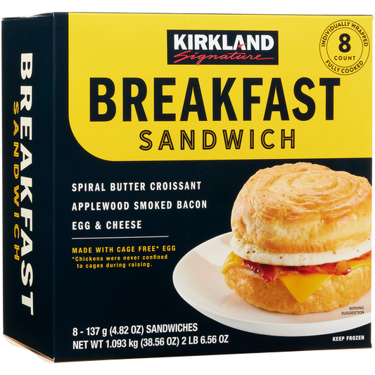 Kirkland Signature Croissant Breakfast Sandwich, Applewood Smoked Bacon, Egg and Cheese, 4.82 oz, 8 ct