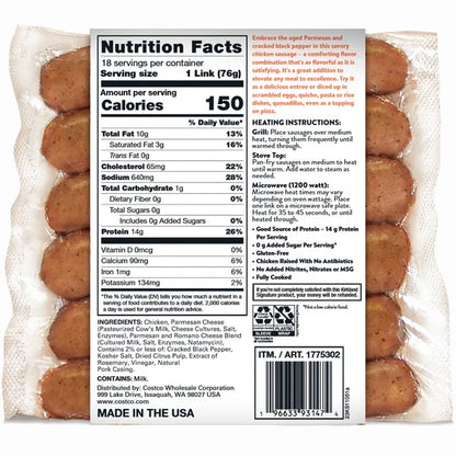 Kirkland Signature Chicken Sausage Links, Parmesan & Cracked Black Pepper, 48 oz