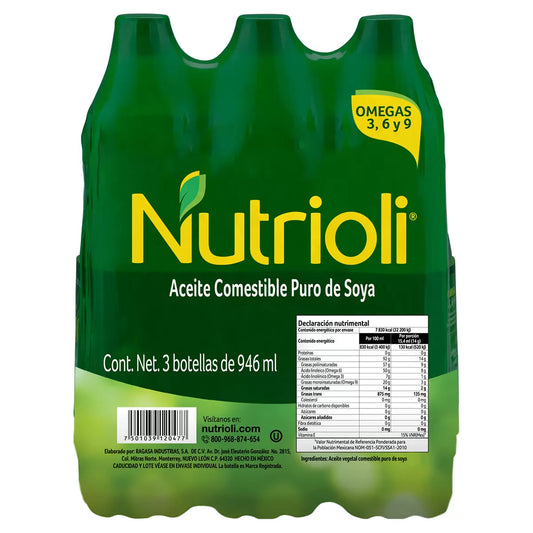 Nutrioli Pure Soybean Cooking Oil (3 ct, 946 ml each)