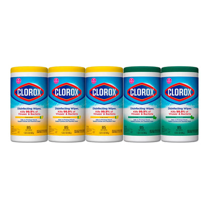 Clorox Disinfecting Wipes, 5 packs with 85 wipes each.