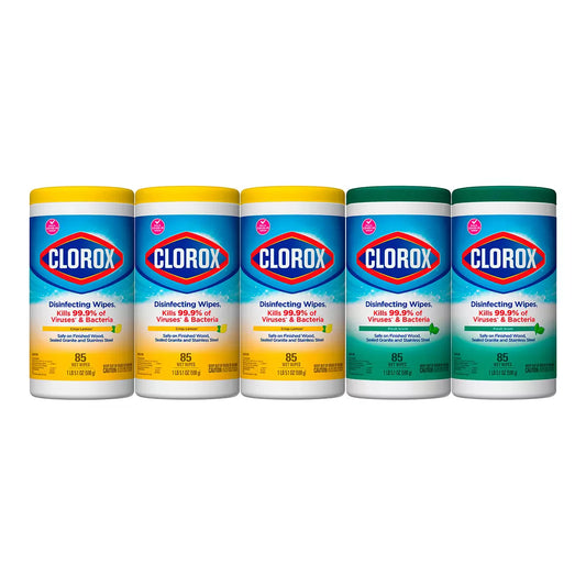 Clorox Disinfecting Wipes, 5 packs with 85 wipes each.