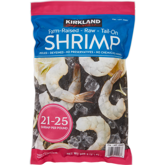 Kirkland Signature Farm-Raised Raw Shrimp, Tail-On, 21-25-count per Pound, 2 lbs