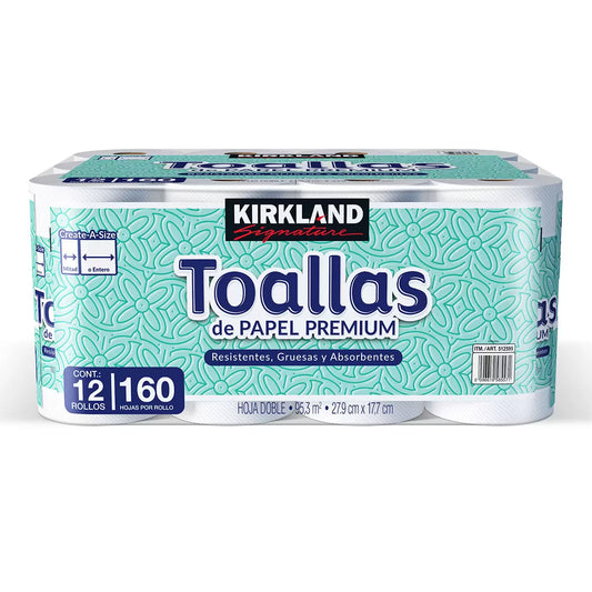 Kirkland Signature Paper Towels, 2- Ply, 160 Sheets, 12 Individually Wrapped Rolls