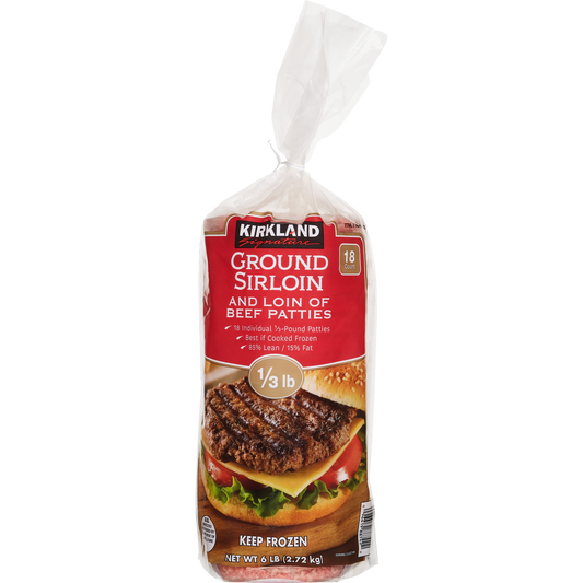 Kirkland Signature Ground Sirloin Beef Patties, 85% Lean, 1/3 lb Patty, 18 ct