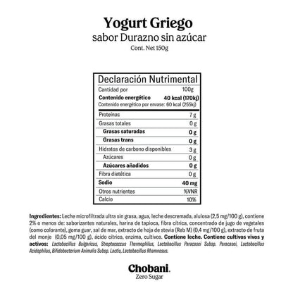 Chobani: Zero Sugar Peach Greek Yogurt - 150g (5.3 oz)