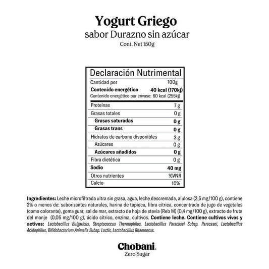 Chobani: Zero Sugar Peach Greek Yogurt - 150g (5.3 oz)