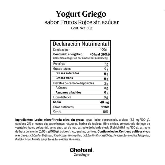 Chobani Zero Sugar Mixed Berry Greek Yogurt - 150g (5.3 oz)