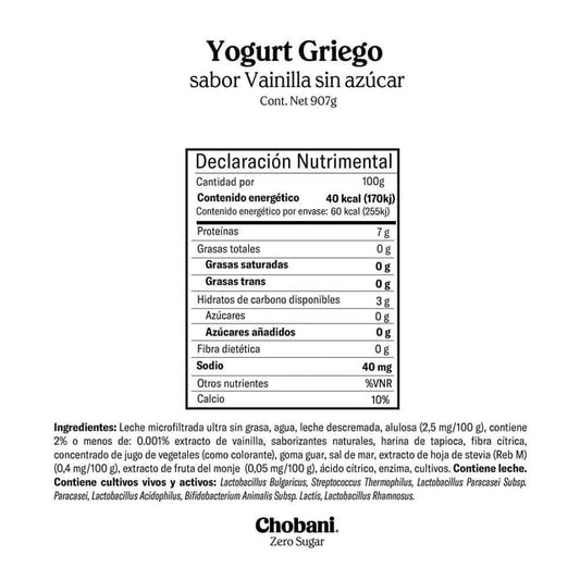 Chobani Zero Sugar Vanilla Greek Yogurt - Family Size (907g / 32 oz)