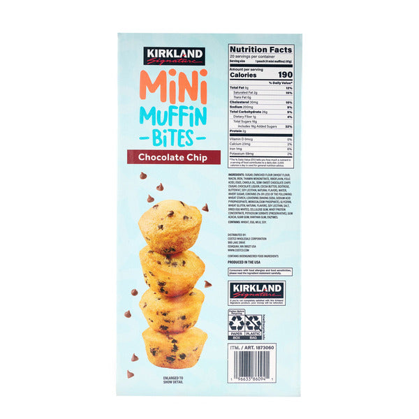 Kirkland Signature Mini Muffin Bites, Chocolate Chip, 1.65 oz, 20-count